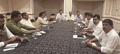 Chief Minister Siddaramaiah, his deputy D K Shivakumar, AICC general secretary Randeep Singh Surjewala, ministers Zameer Ahmed Khan and other leaders 