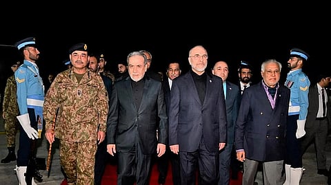 The Iranian delegation led by parliament speaker Mohammad Baqer Qalibaf and Foreign Minister Abbas Araqchi is welcomed by Pakistan's Chief of Army Staff 