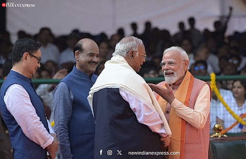 PM Narendra Modi, Congress chief Mallikarjun Kharge share a light moment after paying floral tributes to BRAmbedkar on AmbedkarJayanti. 