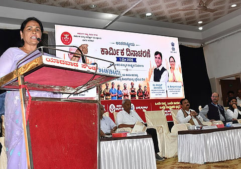 Union Minister of State for Labour Shobha Karandlaje speaks at a Labour Day celebration programme in Hubballi 