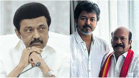 DMK leader MK Stalin- TVK leader Vijay-TVK candidate VS Babu