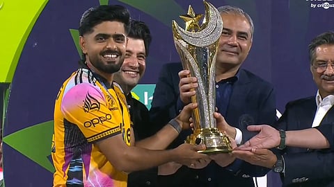 Peshawar Zalmi captain Babar Azam with PCB Chief Mohsin Naqvi