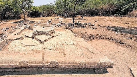 The roof of an ancient temple unearthed by a team from ASI near the Jain temple complex in Hampi on Thursday.