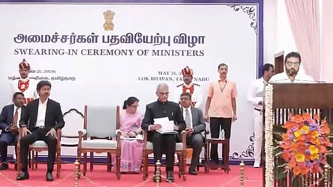 Tamil Nadu CM Vijay, Governor Rajendra Arlekar at the oath ceremony