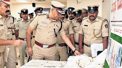City Police Commissioner Seemanth Kumar Singh inspects drugs worth Rs 35 crore seized by Hebbal police in Bengaluru on Wednesday.