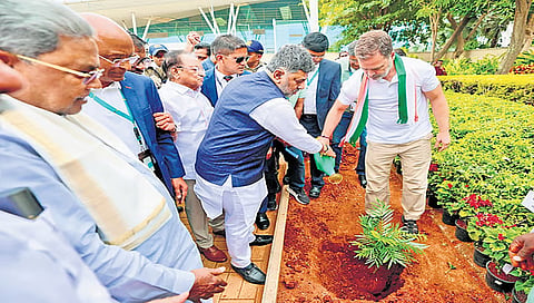 DK Shivakumar and senior Congress leader Rahul Gandhi plant a sapling at Kempegowda International Airport 