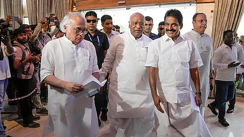 Congress President Mallikarjun Kharge, party MPs KC Venugopal and Jairam Ramesh after the INDIA bloc meeting, in New Delhi, Monday, June 8, 2026.