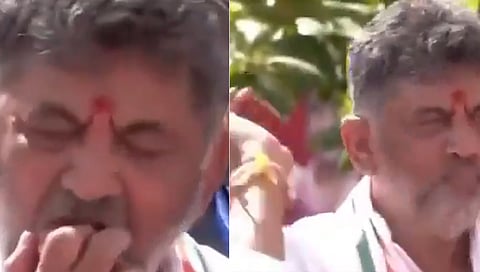 CM DK Shivakumar Takes Bites Of Apples, Throws Them Into Crowd