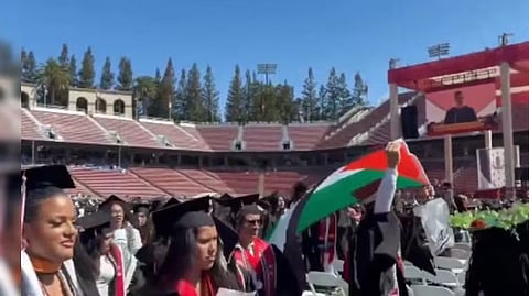 The students stood up from their seats and waved Palestinian flags