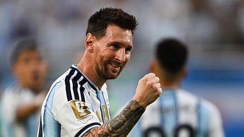 Argentina’s Lionel Messi celebrates a goal during the FIFA World Cup Group J match against Algeria