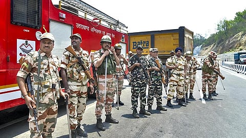 Security personnel stands guard at the Dehradun-Himachal border