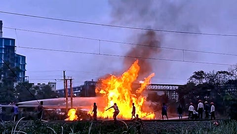 Dark smoke and flames billow after a massive fire broke out suddenly in naphtha-carrying pipeline at the Haldia Refinery, in Purba Medinipur district, West Bengal