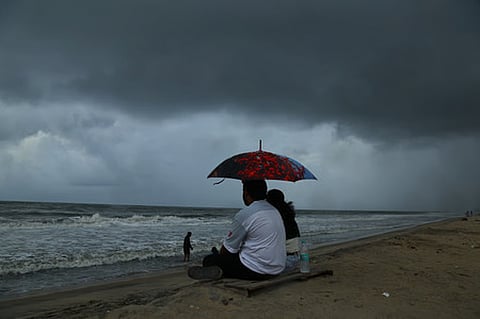 Dark monsoon clouds gather over Valappu beach in Kochi