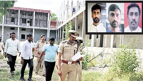 (Top) Kalaburagi Police Commissioner Sharanappa SD inspects Kalaburagi Central Jail premises on Tuesday. (Inset) The three convicts who escaped 
