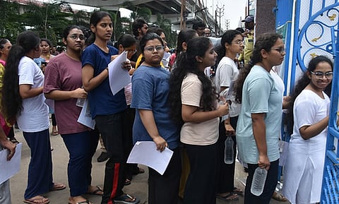 Students appearing for NEET exam at an examination centre in Bengaluru.Photo \ Express
Express News Service