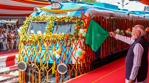 Prime Minister Narendra Modi flags off India's first hydrogen-powered train, between Jind and Sonipat, at Jind Railway Station, Haryana.