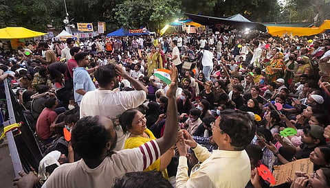 People participate in a protest against the alleged NEET-UG paper leak and examination irregularities at Jantar Mantar, in New Delhi
