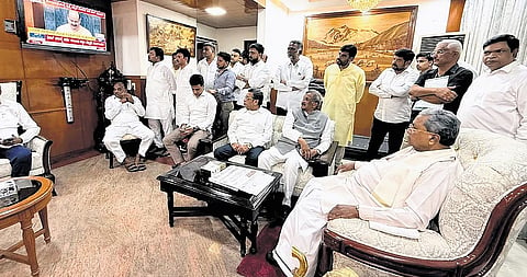 Former chief minister Siddaramaiah and Congress MLAs at Karnataka Bhavan in New Delhi on Monday