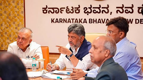 CM DK Shivakumar meets officials of law and water resources departments at Karnataka Bhavan in Delhi on Monday