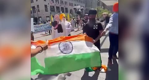 Khalistani separatists desecrate the Indian flag outside Madison Square Garden in New York on Saturday.
