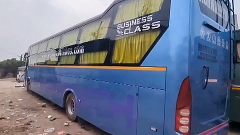 The suspected sleeper bus after a 16-year-old Class 11 student was allegedly gang-raped inside it, in Delhi.