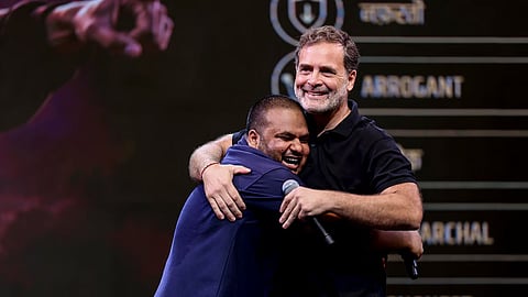 Leader of Opposition in the Lok Sabha Rahul Gandhi with comedian Pulkit Mani during the 'Chhatron ki Goonj' event, in Indore, Madhya Pradesh.