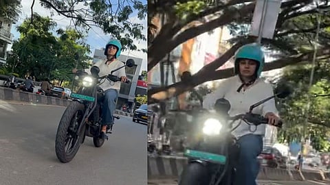 Tejasvi Suryas Wife Sivasri Skandaprasad Rides E-Bike In Bengaluru