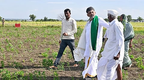 D.K. Shivakumar visiting the fields of farmers