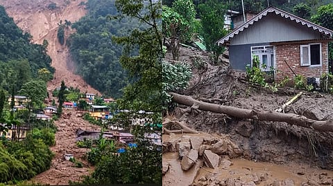 Mud and debris flow down through a residential area following a landslide triggered by continuous rainfall.
