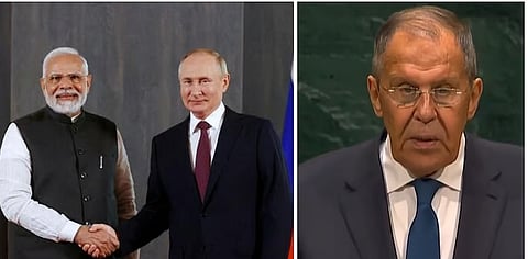 PM Modi with Russia's Putin(L), Russia's Foreign Minister Sergey Lavrov