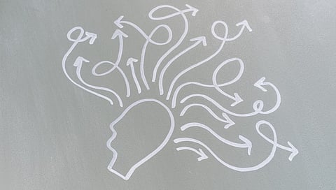 Head with swirling arrows represents mental activity and thought process.