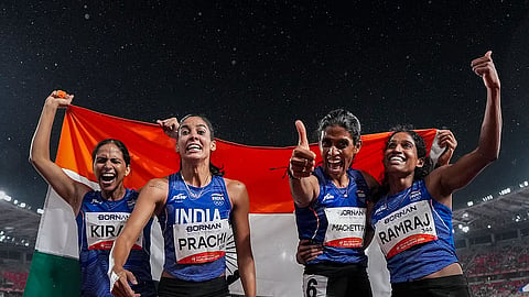 From left: Gold-winning women’s 4x400m relay team of Kiran Pahal, Prachi Choudhary, MR Poovamma and Vithya Ramraj