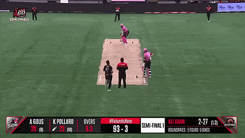 Ali Khan bowls a bouncer, and the ball goes for a SIX