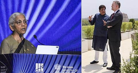 Finance Minister Nirmala Sitharaman(L), Union Commerce and Industry Minister Piyush Goyal with US Trade Representative Jamieson Greer