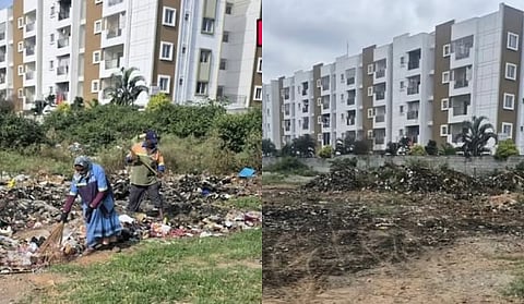 Before (L) and after cleaning of a large vacant plot in Begur.