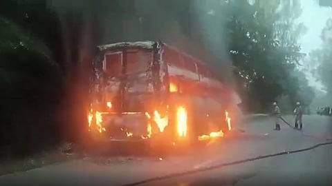 Moving sleeper bus gutted in blaze near Mumbalu village