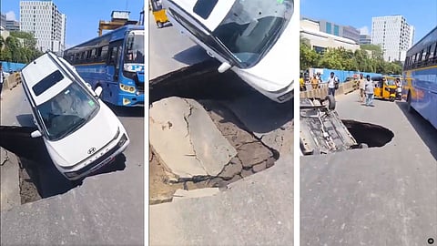Car plunges into sinkhole after OMR section caves in near Tidel Park in Chennai