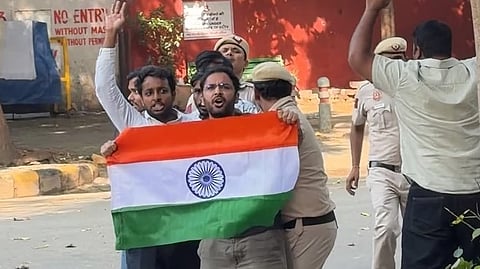 Delhi Police detain CJP leader Ashutosh Ranka and others as they attempt to enter Jantar Mantar in Delhi on Tuesday, Oct. 13, 2026.