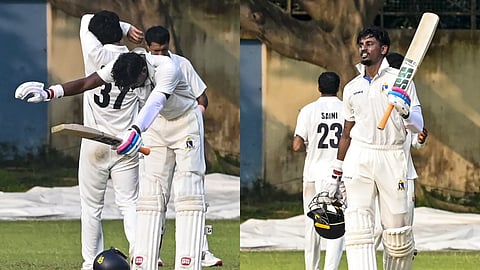 Abishek Porel celebrating his Ranji Trophy century on October 12.