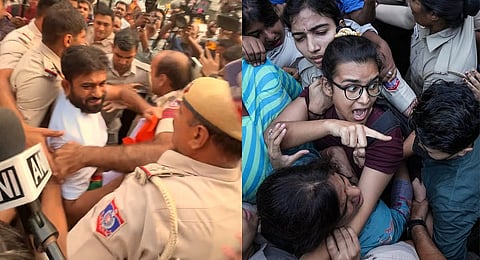 CJP'S Dipke and AISA's Neha Bora being detained by Delhi police.