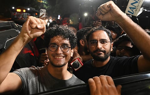 CJP leaders Saurav Das and Ashutosh Ranka come out of Tihar Jail after the SEM Court ordered their release in New Delhi on Wednesday.