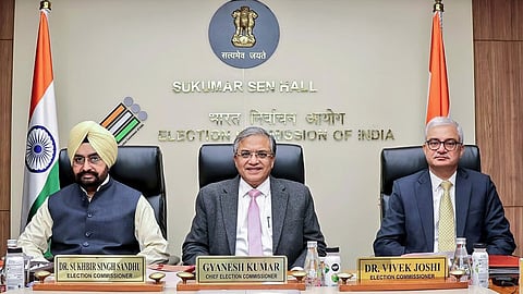 Chief Election Commissioner Gyanesh Kumar, Election commissioners Sukhbir Singh Sandhu and Vivek Joshi.