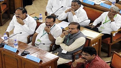 ಬಿಬಿಎಂಪಿ ಮೇಯರ್ ಮತ್ತು ಉಪಮೇಯರ್ ಚುನಾವಣೆ ವೇಳೆ ಬಿಜೆಪಿ ನಾಯಕರು (ಫೋಟೋ ಕೃಪೆ: ಕೆಪಿಎನ್)