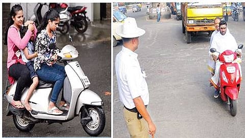 ಟ್ರಾಫಿಕ್ ಪೊಲೀಸ್ ಎದುರೇ ಹೆಲ್ಮೆಟ್ ಇಲ್ಲದೆ ಪ್ರಯಾಣ ಮಾಡುತ್ತಿರುವ ಸವಾರರು