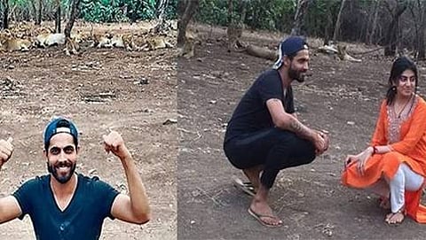 ಸಿಂಹದ ಮುಂದೆ ಕುಳಿತು ರವೀಂದ್ರ ಜಡೇಜಾ ಮತ್ತು ಪತ್ನಿ ಫೋಟೋ