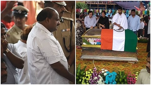 ಅಂಬರೀಷ್ ಮೃತದೇಹದ ಮುಂದೆ ರೋಧಿಸುತ್ತಿರುವ ಅವರ ಪತ್ನಿ ಸುಮಲತಾ ಮತ್ತು ಪುತ್ರ ಅಭಿಷೇಕ್