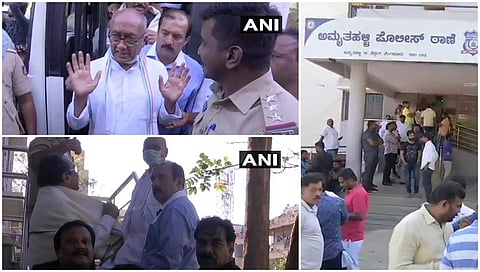 ಕಾಂಗ್ರೆಸ್ ನಾಯಕ ದಿಗ್ವಿಜಯ್ ಸಿಂಗ್ ಅವರನ್ನು ಪೊಲೀಸರು ವಶಕ್ಕೆ ಪಡೆದು ಕರೆದೊಯ್ಯುತ್ತಿರುವುದು