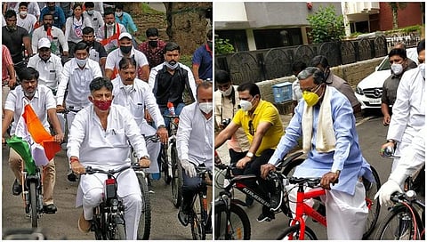ಸೈಕಲ್ ಜಾಥಾದಲ್ಲಿ ಪಾಲ್ಗೊಂಡ ಕೆಪಿಸಿಸಿ ಅಧ್ಯಕ್ಷ ಡಿ ಕೆ ಶಿವಕುಮಾರ್, ಮಾಜಿ ಸಿಎಂ ಸಿದ್ದರಾಮಯ್ಯ ಮತ್ತು ಇತರರು