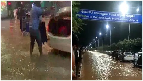 ಭಾರೀ ಮಳೆಗೆ ಬೆಂಗಳೂರಿನ ಕೆಂಪೇಗೌಡ ಅಂತಾರಾಷ್ಟ್ರೀಯ ವಿಮಾನ ನಿಲ್ದಾಣದೊಳಗಿನ ದೃಶ್ಯ