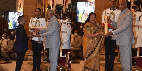 ಎಸ್.ಪಿ ಚರಣ್ ಮತ್ತು ಗಾಯಕಿ ಚಿತ್ರಾ ರಾಷ್ಟ್ರಪತಿ ರಾಮನಾಥ್ ಕೋವಿಂದ್ ಅವರಿಂದ ಗೌರವ ಸ್ವೀಕರಿಸುತ್ತಿರುವುದು